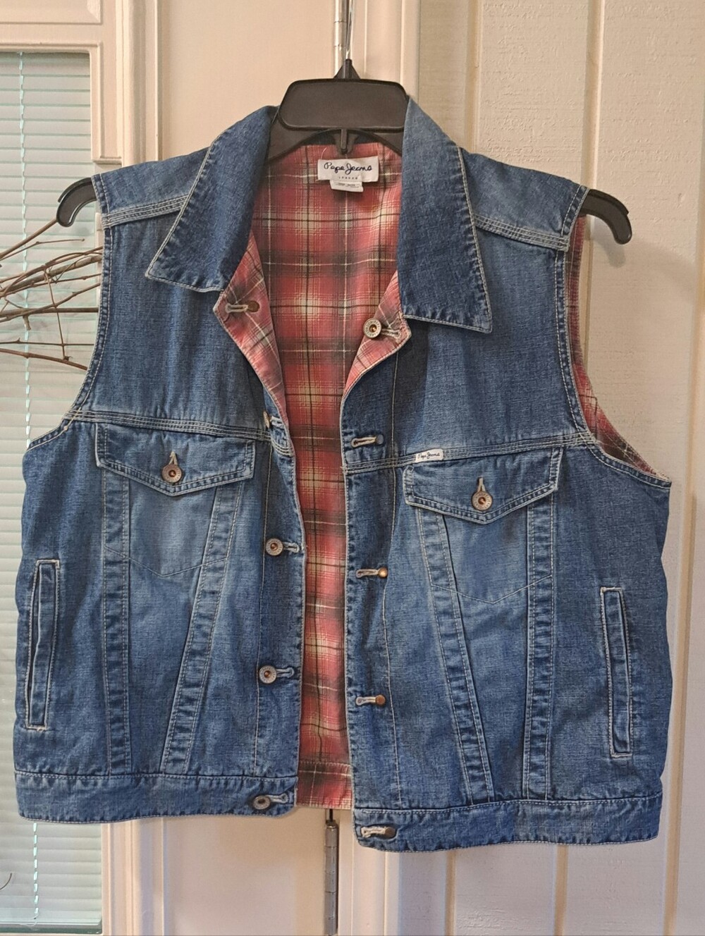 Ladies Vtg PEPE Jeans London Biker Trucker Vest Reversible Denim Flannel OSFM
